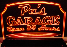 Pa's Garage Open 24 Hours Acrylic Lighted Edge Lit LED Sign / Light Up Plaque Full Size Made in USA