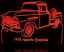 1958 Apache Stepside Pickup Truck with spare Acrylic Lighted Edge Lit LED Sign / Light Up Plaque Full Size Made in USA