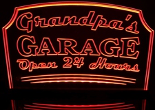 Grandpa's Garage Open 24 Hours Acrylic Lighted Edge Lit LED Sign / Light Up Plaque Full Size Made in USA