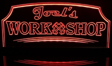 Joel's Work Shop Engine Pistons Automotive Acrylic Lighted Edge Lit LED Sign / Light Up Plaque Full Size Made in USA