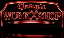 Gary's Work Shop Tools Wrenches Automotive (add your name) Acrylic Lighted Edge Lit LED Sign / Light Up Plaque Full Size Made in USA