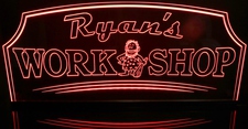 Ryan's Work Shop with cave man (add your name) Acrylic Lighted Edge Lit LED Sign / Light Up Plaque Full Size Made in USA