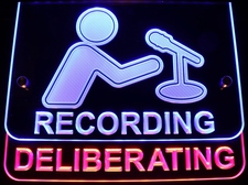Recording Deliberating 2 Part Sign 2 colors Acrylic Lighted Edge Lit LED Sign / Light Up Plaque Full Size Made in USA