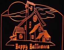 Halloween Haunted House Spooky Ghost Mansion (choose your own text) Acrylic Lighted Edge Lit LED Sign / Light Up Plaque Full Size Made in USA