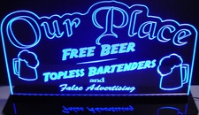 Office Bar Name Sign Free Beer Tys Place Acrylic Lighted Edge Lit LED Sign / Light Up Plaque Full Size Made in USA