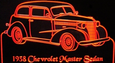 1938 Chevy 2 Door Acrylic Edge Lit Lighted Sign 12" Plaque 38 Mirr Made in USA 